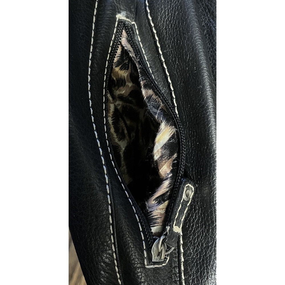 SOPHIA CAPERELLI LARGE BLACK LEATHER SHOULDER BAG PURSE W/LEOPARD PRINT LINING - Picture 5 of 9